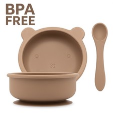 Baby Silicone Suction Bowl  Spoon Set BPA-Free Toddler Feeding Dish Taupe