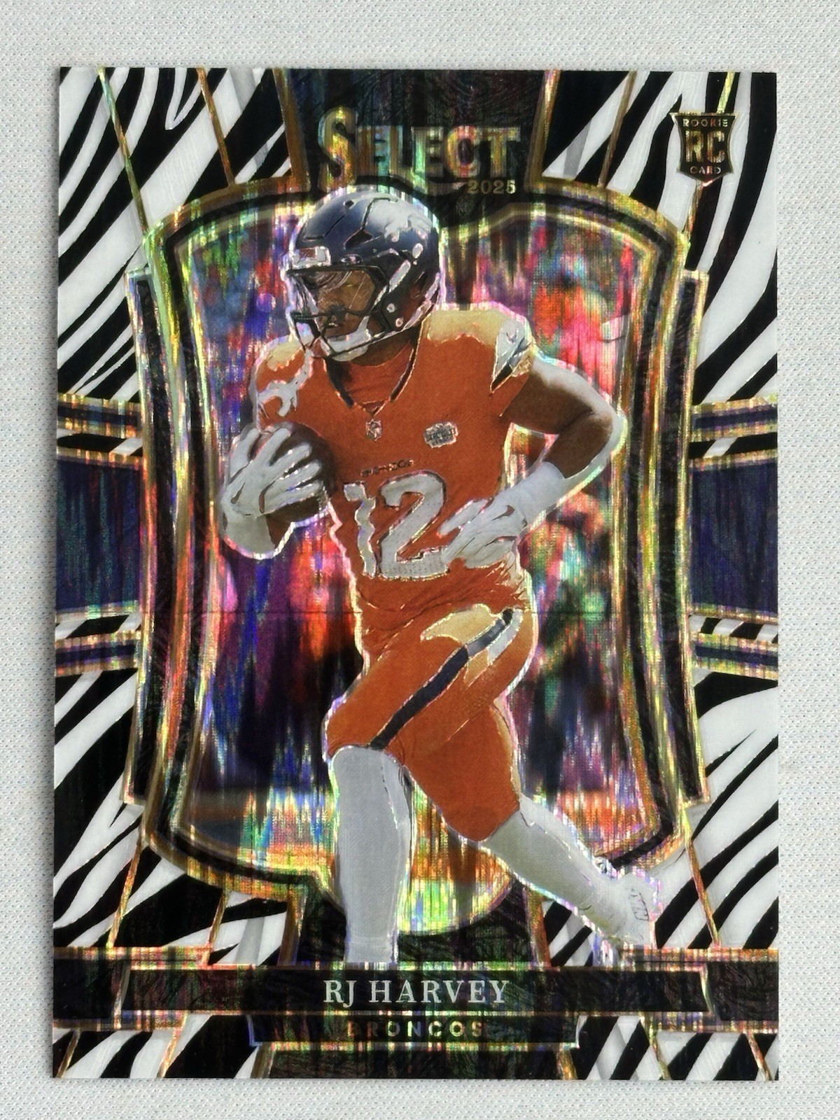 2025 Panini Select Zebra Prizm Premier Level RJ Harvey #110 Denver Broncos #110