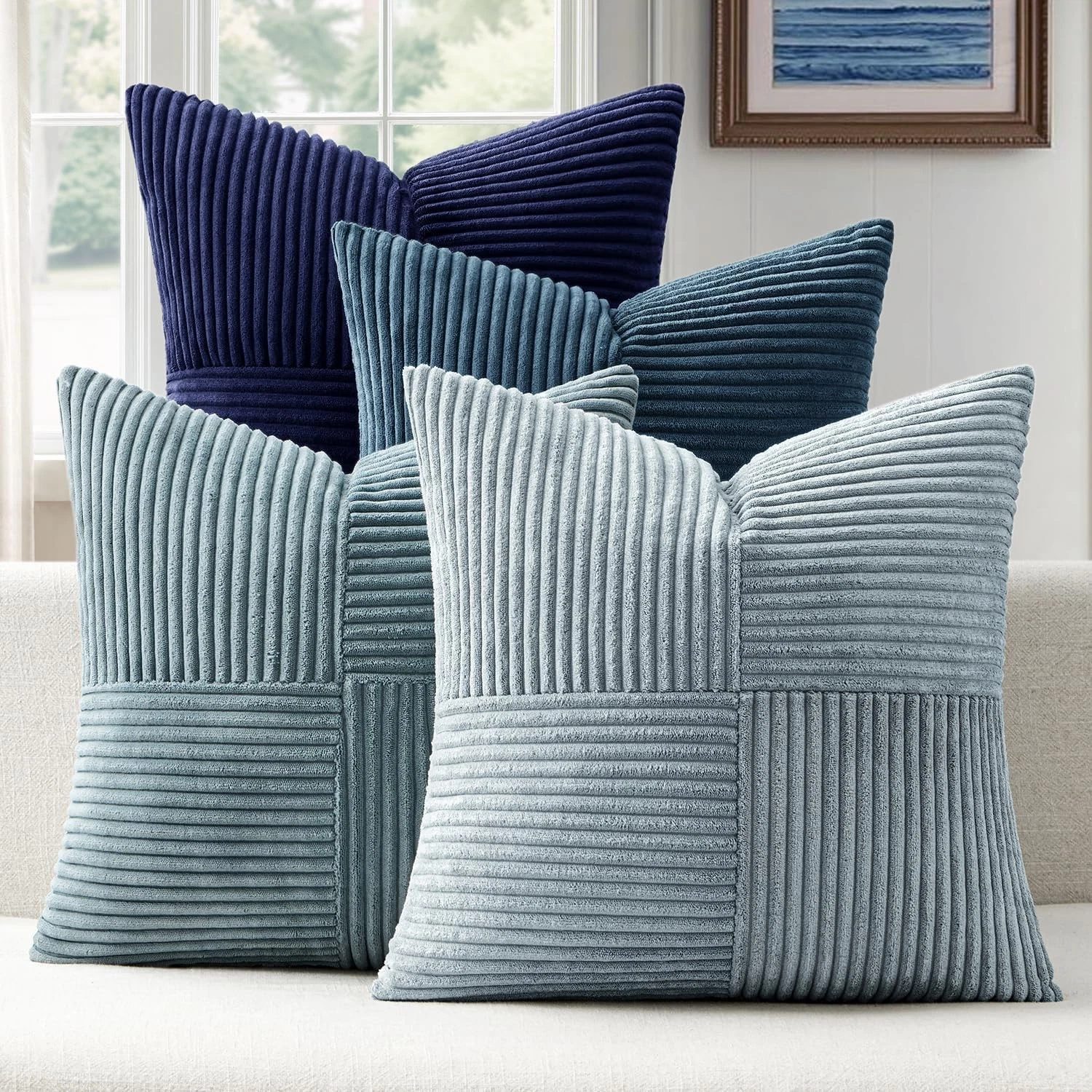 Pack of 4 Decorative Throw Pillows for Couch Neutral Blue 16x16 Inch Boho Coz...