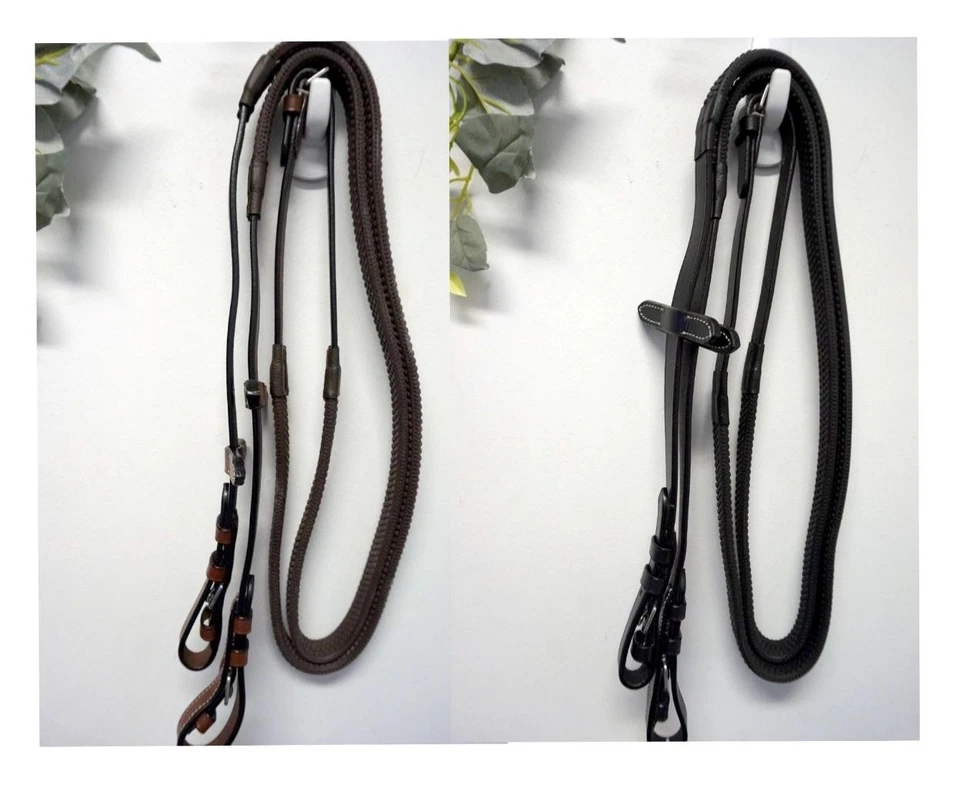 EQUITEM Leather Rubber Grip English Schooling Training Riding Reins 54" Black/ Brown