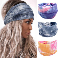 Wide Headbands 3Pcs, Tie Dye Elastic Head Bands, Turban Headwraps, Nonslip Worko
