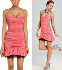 BCBG Maxazria Fleur Stretch Taffeta Lace Metallic Coral Strapless Dress 4 348