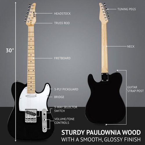 LyxPro Beginner 30" Telecaster Style Electric Guitar, Paulownia Body, Black - Picture 6 of 8