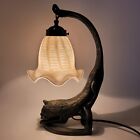 1930's Antique Replica Feline Cat Stretch Glass Shade Whimsical Kitty Desk Lamp