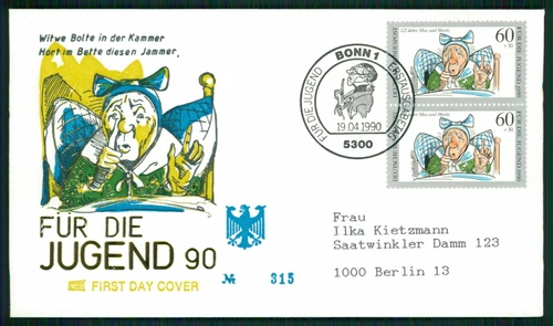 GERMANY FDC 1990 COMIC COMICS MAX & MORITZ WILHELM BUSCH LTD. !! ea11