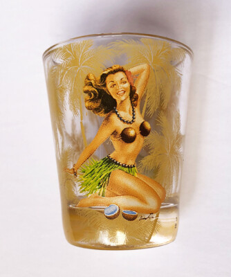 Hawaiian Islands Pin Up Hula Girl Coconut Shot Glasses Hawaii Souvenir Tiki Bar