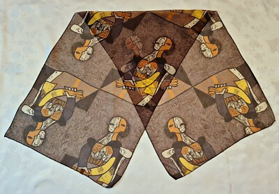 VINTAGE AUTHENTIC CUBISM ART GRAY BROWN MUSTARD CHIFFON LONG WOMENS SCARF
