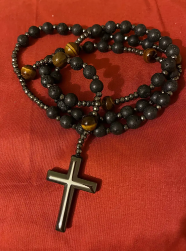 Colgante Cruz Piedra Volcánica Negra Estilo Rosario 27" Amarillo Ojo de Tigre Piedra Biliar - Imagen 12 de 14