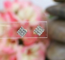 Solid 10K Yellow  White Gold Diamond Rhombus Stud Earrings Cluster Sparkle