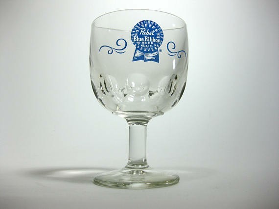 VTG Pants Blue Ribbon Beer PBR stemmed Goblet Glass Large 8 oz Chalice  Thumb...