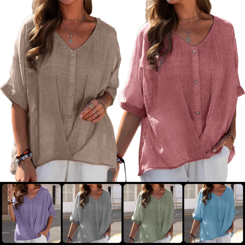 Women Cotton Linen Casual Blouse Baggy Ladies T-Shirt Top Summer Tunic Plus Size - Image 2 of 4