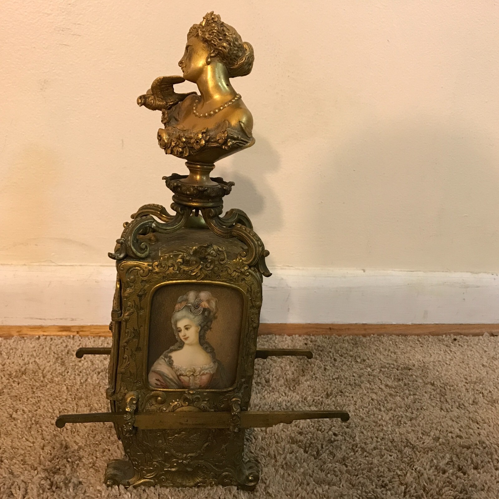 Antique 19th C  French Gilt Bronze Sedan Chair Portrait Clock