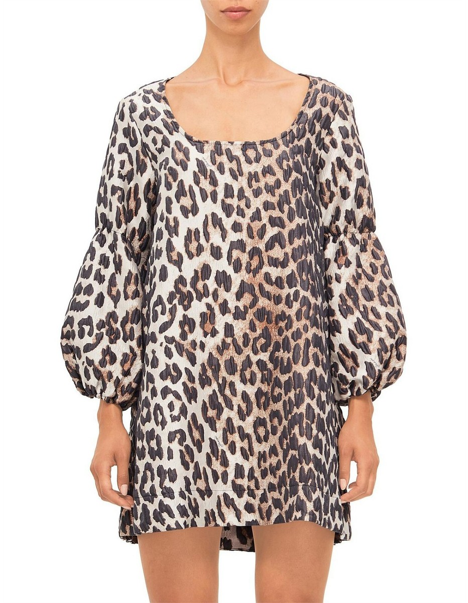 $345 GANNI Square-Neck Puff Sleeve Jacquard Mini Dress | Almond 3D Leopard  | eBay