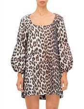 $345 GANNI Square-Neck Puff Sleeve Jacquard Mini Dress | Almond  3D Leopard