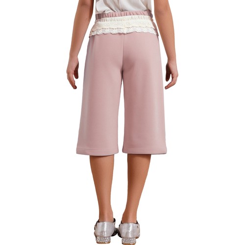 Girls' Cute Cropped Tights Pants Summer Solid Lace Trim Stretch Dance Yoga Pants - Picture 21 of 51