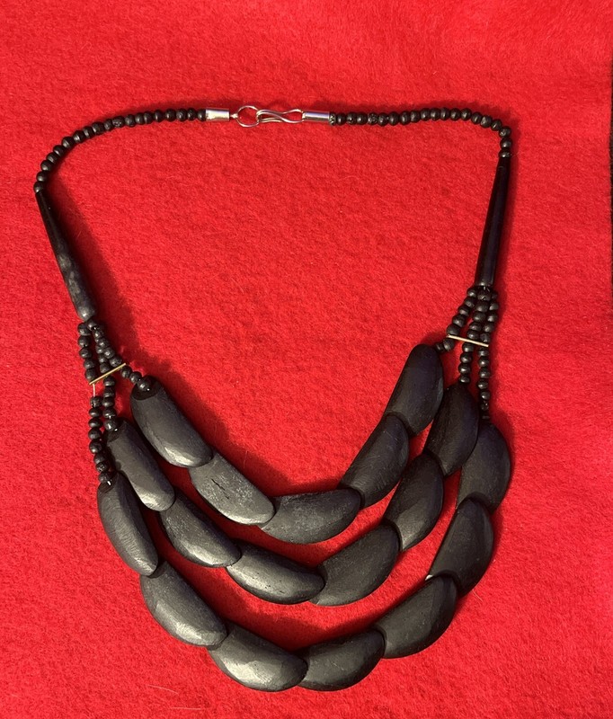 VTG black tribal wooden half moon beaded necklace mutli layered bib style