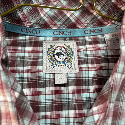 Cinch Performance Shirt Men's Large Red Green Plaid Western Monogram - Picture 5 of 6