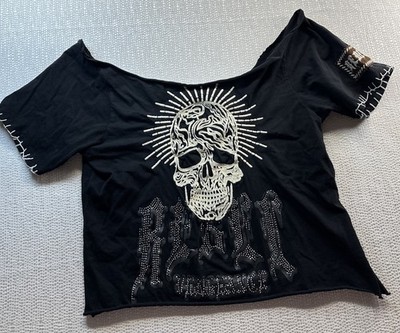 Rebel Vengeance Shirt Medium Black Skull Rhinestone Tee Punk Rock Crop Top