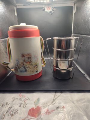 Vintage Milton Thermos Canteen W/Rainbow Shoulder Strap Country Scene 4 Food Con