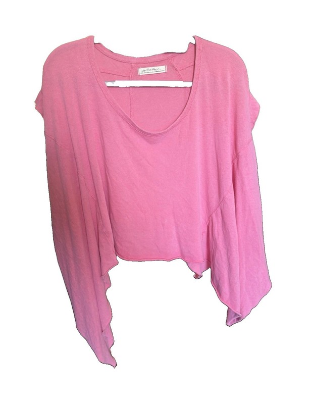 We The Free Pink XL Scoop Neck Knit Raw Hem Cropped T-Shirt Long Sleeve