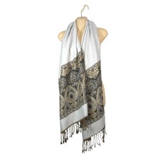 White Gold Metallic Paisley Pashmina Shawl Scarf Fringe 26.5x68