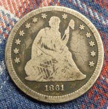 1861 Liberty Seated Silver Quarter, United States of America Silver 25C Coin