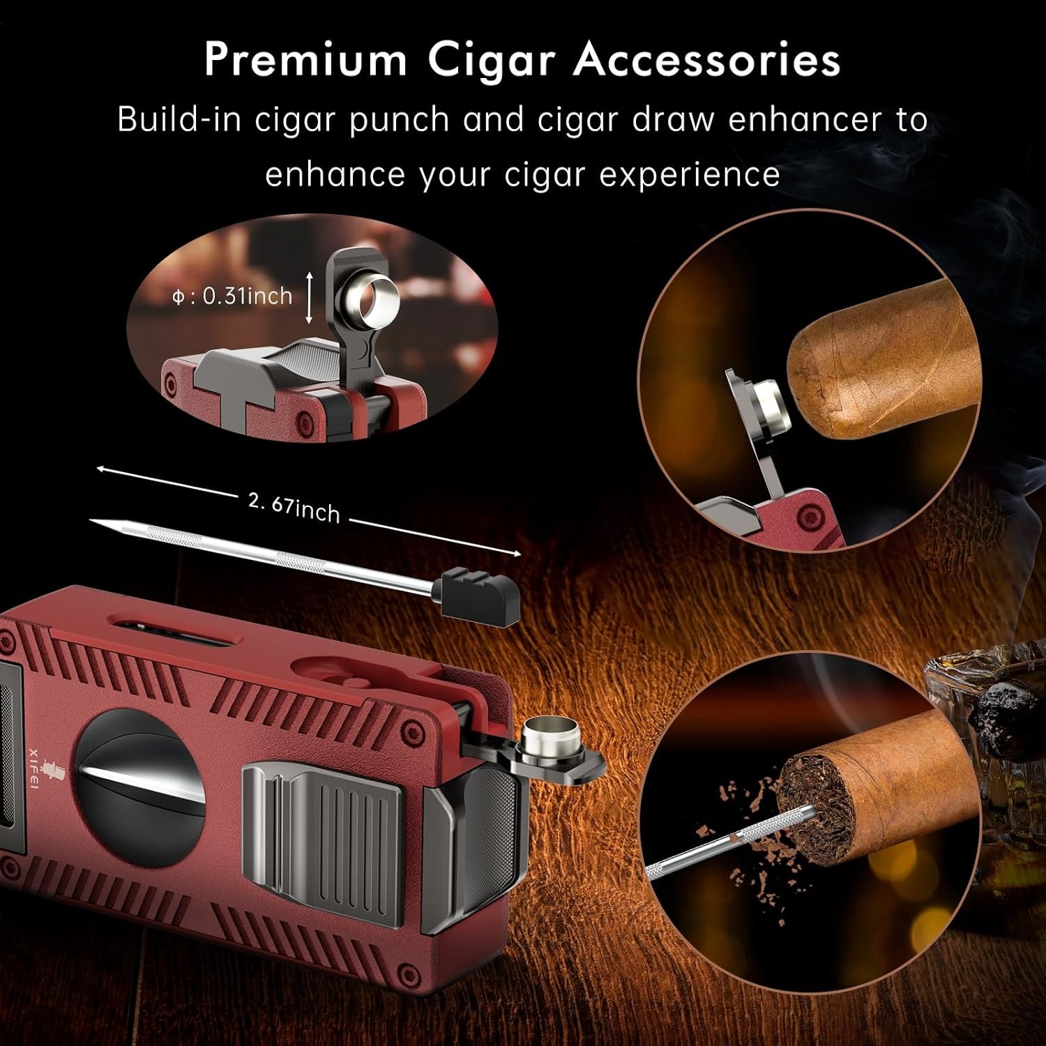Double Jet Torch Lighter with Cigar V Cutter & Punch, Refillable Butane (Red)