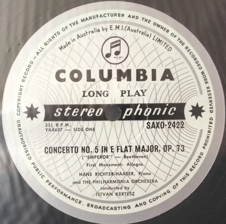COLUMBIA SAX 2422 BEETHOVEN, RICHTER-HAASER, KERTESZ PIANO CONCERTO 5 AUS/UK LP - Image 3 of 3