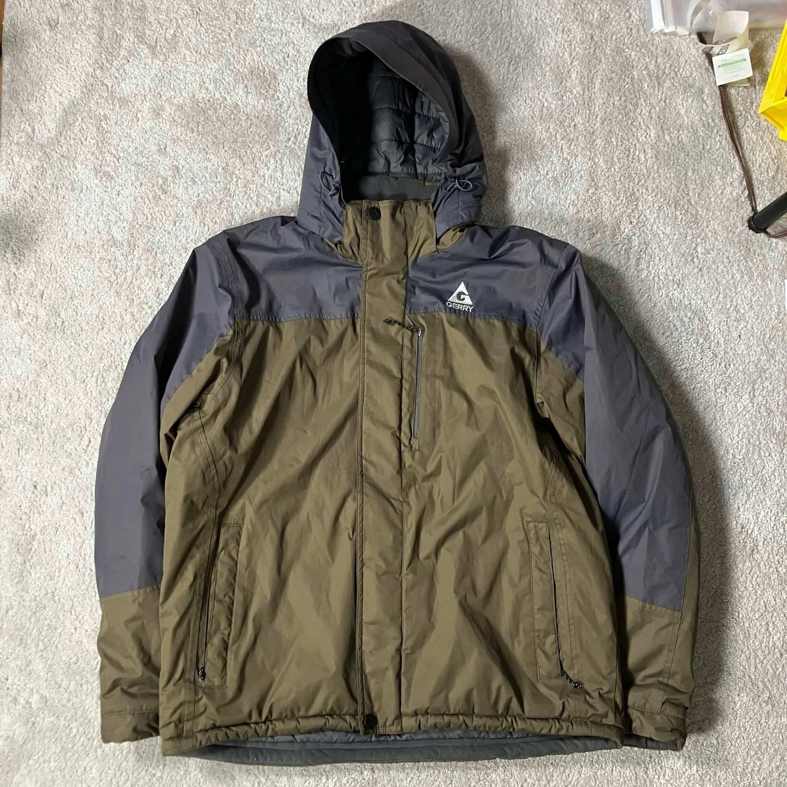 Gerry Mens XL Hooded Puffer Jacket Olive Green Gray Ripstop Winter Coat Ski Snow