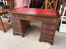 Vintage Executive Office Desk Red Leather Top 8 Brown Wooden Drawers
