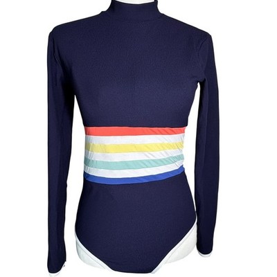 RIP CURL Women's Large Navy Rainbow Stripe Long Sleeve Bodysuit Surf Swimsuit