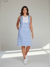 Talbots Dress In Blue & White Striped Linen/Cotton Blend Split Neck W/Lace Sz 6