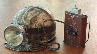 Rare MSA Coal Mining Comfo-Cap Helmet w/ inside Liner, Headlamp, Battery Block