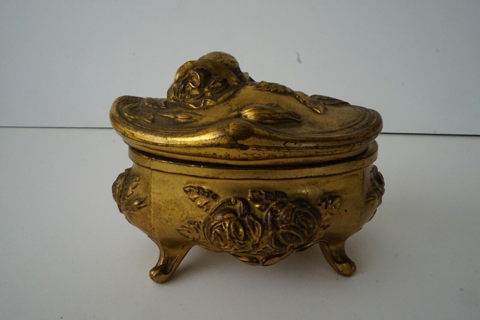 Antique Victorian Art Nouveau Gold Ormolu Metal Jewelry Casket Trinket Box