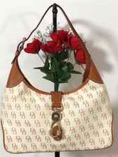 Dooney Bourke Cream/Brown Signature Logo Lock Canvas Hobo Shoulder Bag