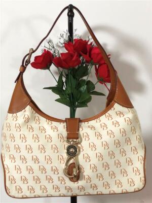 Dooney & Bourke Cream/Brown Signature Logo Lock Canvas Hobo  display picture 1