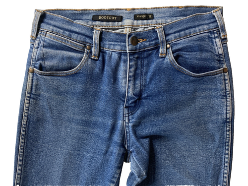 WRANGLER Wmn Sz 12 W31 L31 Jeans Stretch Denim Mid Rise Bootcut WornIn Blue FLAW - Picture 7 of 15