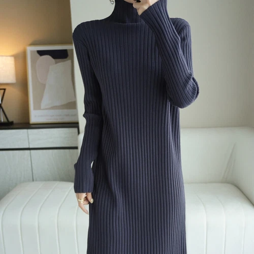 Lady Midi Knitted Dress High Neck Jumper Dress Long Sleeve Baggy Sweater Winter - Picture 2 of 18