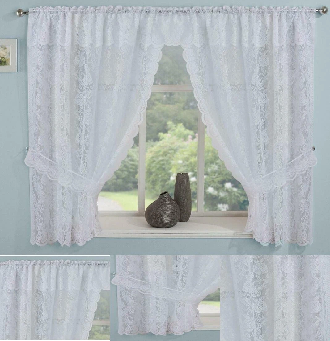 KEW White Lace Window Set Kitchen Floral Curtains Valance & Tiebacks Inc