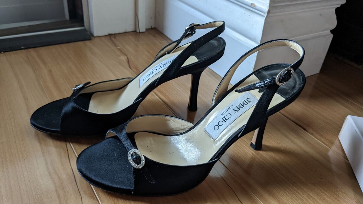 Jimmy Choo Black Silk Satin Slingback Pumps Crystal Jimmy Choo Black Silk Satin Slingback Pumps Crystal