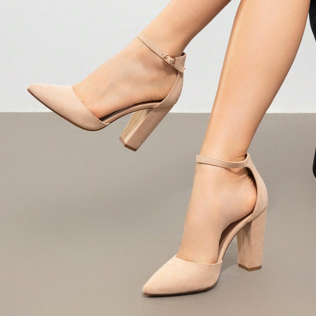 Women Chunky Block High Heel Ankle Strap Pointed Toe Party Wedding Dress Pumps