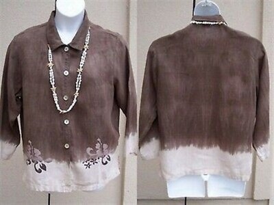 LA Fixsun Match LINEN tunic top shirt lagenlook M OVSZ ombre batik floral blouse