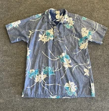 Vintage Barefoot in Paradise Shirt Mens Large Blue Floral Hawaiian Made USA 90s
