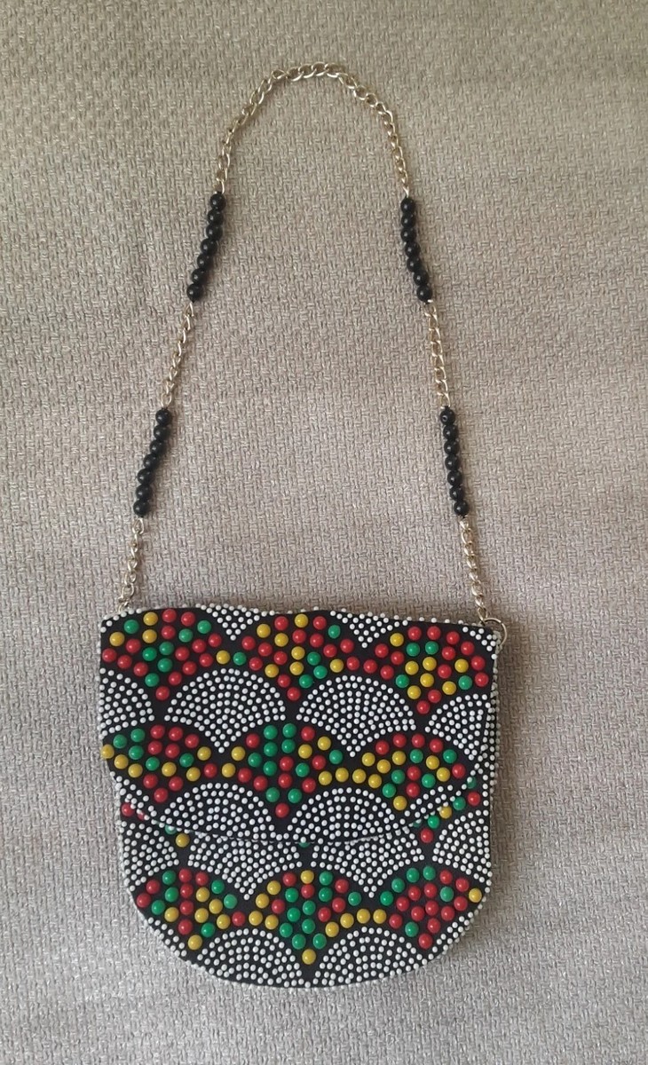 バッグ Vintage / Beads bag 1960s Wooden Bead Shoulder Bag Purse Gold Tone Chain and
