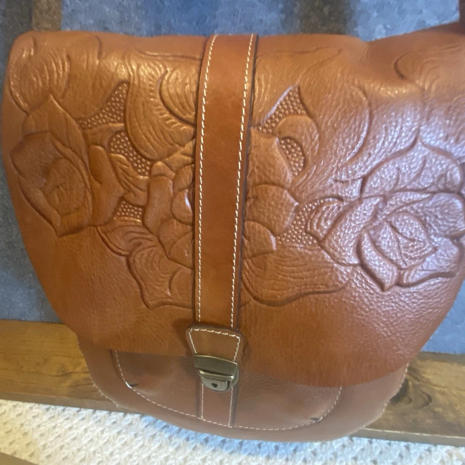 Patricia Nash Tooled Floral Leather Crossbody Bag Purse In Carmel Brown W/Cover - Image 2 of 4