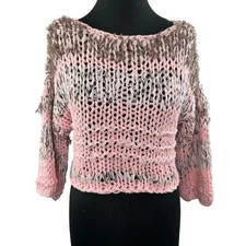 Hand Knit Dollie Pink Brown Chunky Crochet Fuzzy Knit Pullover Crop Sweater XS