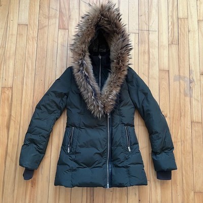 Mackage Akiva Down Puffer Coat Fur Hood Olive Green Asymmetrical Zip Size Small