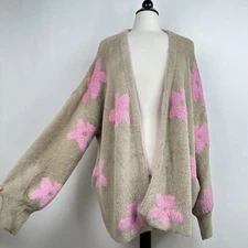 NWT Davi & Dani Fuzzy Knit Open Cardigan LARGE Pink Flowers Pockets SOFT Sweater