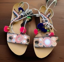 Papaya Boho Tie Up Leather Sandals Flats Pom-poms Mirrors Size UK 4 Summer Beach