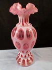 Fenton Cranberry Opalescent Glass Coin Dot Double Crimped Vase 10 1/2" Tall